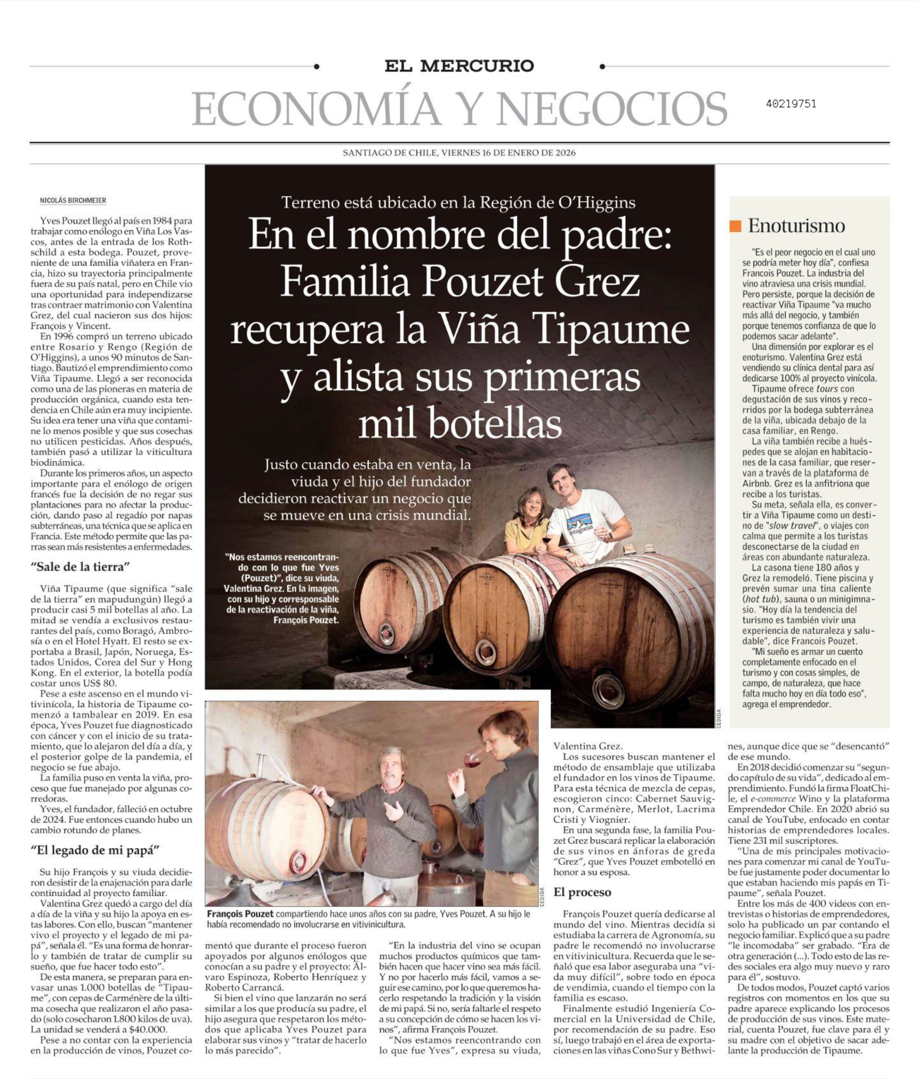 Familia Pouzet Grez recupera la Viña Tipaume y alista sus primeras mil botellas